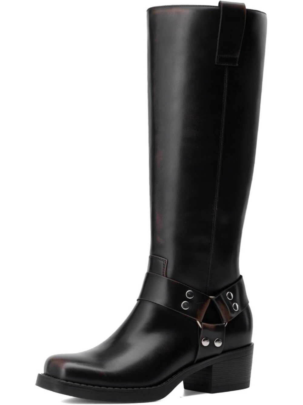 Women's Black Brown Knee High Boots Motorcycle Riding Pull-on Fashion Square Toe